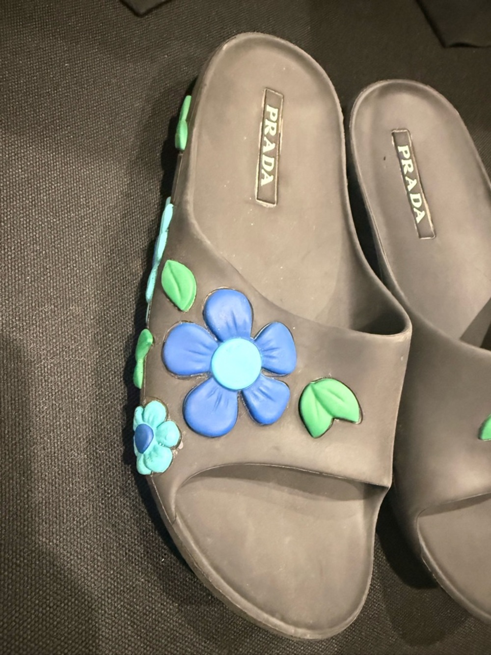 Prada Black Slide Sandals with Blue Floral Accents - Picture 2 of 3